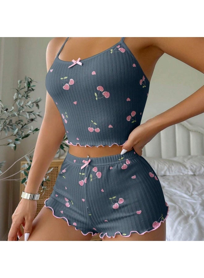 طقم بيجاما نسائي مطبوع عليه كرز لطيف، ملابس نوم نسائية